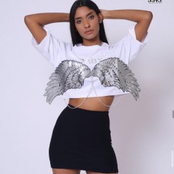 Melek Kanat Zincir Detay Crop Bluz