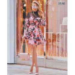 Tül Detay Çiçek Desen Elbise