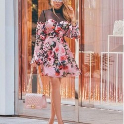 Tül Detay Çiçek Desen Elbise