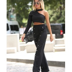 Çıtçıt detay pantolon yaka tasarım bluz ikili takım Çıtçıt detay pantolon yaka tasarım bluz ikili takım