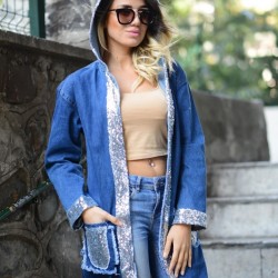 Payet Detay Kapşonlu Jean Ceket