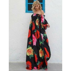 Madonna Yaka Gül Desenli Maxi Elbise