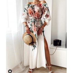 Madonna Yaka Çiçek Desen Yırtmaçlı Elbise Madonna Yaka Çiçek Desen Yırtmaçlı Elbise