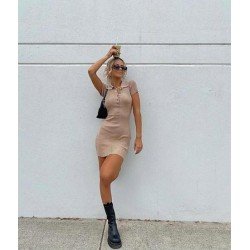 Polo Yaka Düğmeli Mini Triko Elbise