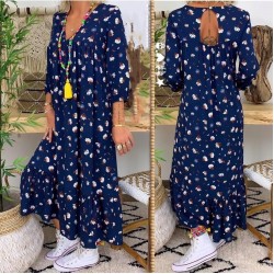 Çiçek desen lacivert sırt detay elbise