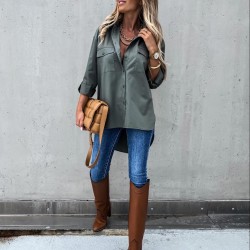 Asimetrik cep detay haki tunik gömlek