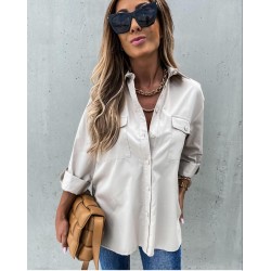 Asimetrik cep detay bej tunik gömlek