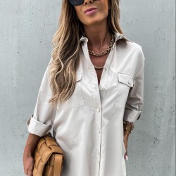 Asimetrik cep detay bej tunik gömlek Asimetrik cep detay bej tunik gömlek