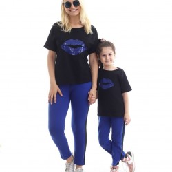 Anne çocuk MOR  dudak baskılı kombin Anne çocuk MOR  dudak baskılı kombin