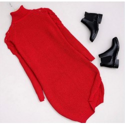 Balıkçı yaka yırtmaçlı KIRMIZI  triko elbise