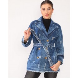 Düğme detay kuşaklı jean ceket
