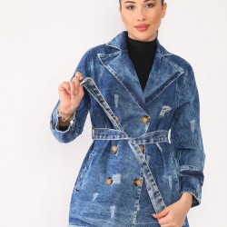 Düğme detay kuşaklı jean ceket Düğme detay kuşaklı jean ceket
