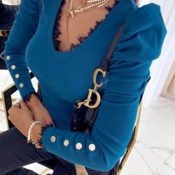 Yaka ve kol dantel triko bluz Yaka ve kol dantel triko bluz