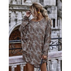 Leopar desen yarasa kol elbise