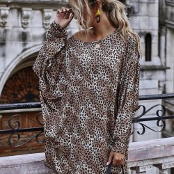 Leopar desen yarasa kol elbise