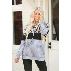 Leopar kapşonlu gri sweat