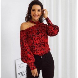 Leopar desen omuz detay scuba bluz