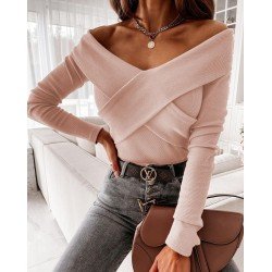 Çapraz yaka tasarım pudra bluz