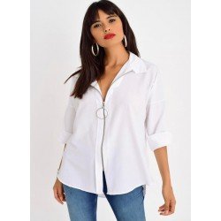 Fermuar detay beyaz gömlek