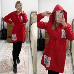 Kapşonlu kırmızı bel lastikli tunik Kapşonlu kırmızı bel lastikli tunik