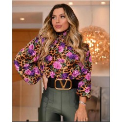 Çiçek desen leopar detaylı bluz