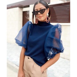 Balon kol tül detay bluz