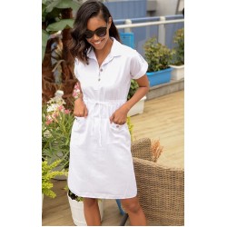 Beli büzgülü cepli beyaz elbise