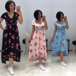 Beli lastikli çiçek desenli elbise