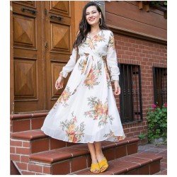 Beli lastikli kuşak detaylı astarlı elbise