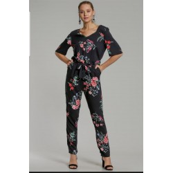 Çiçek desenli kuşaklı tulum