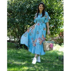 Çiçek Desenli Mavi Elbise