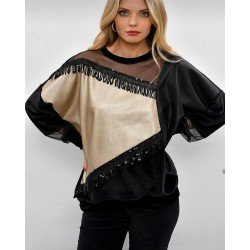 Deri kaplama boncuk detay bluz