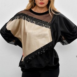 Deri kaplama boncuk detay bluz