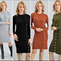 Düğme detaylı triko elbise