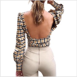 Ekose desen sırt detay bluz Ekose desen sırt detay bluz