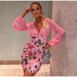 Fermuar Detay Gül Desenli Elbise