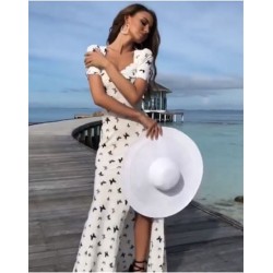 Kelebek desen yırtmaçlı maxi elbise