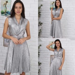 Kruvaze Yaka Gümüş Elbise Kruvaze Yaka Gümüş Elbise