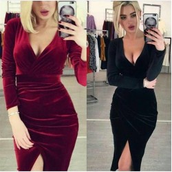 Kruvaze Yaka Kadife Elbise Kruvaze Yaka Kadife Elbise