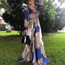 Leopar desen crep maxi elbise