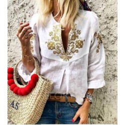 Nakış Detay Keten Bluz