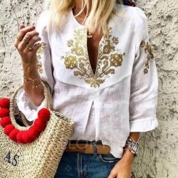 Nakış Detay Keten Bluz