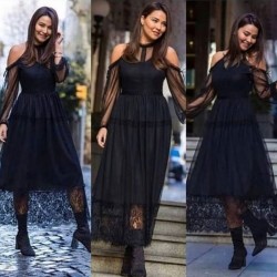 Omuz Detaylı Dantel Etekli Elbise  Omuz Detaylı Dantel Etekli Elbise