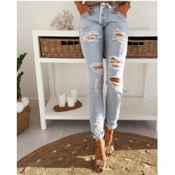 Yırtık Detay Beli Lastikli Jean