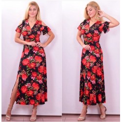 Yırtmaçlı Gül Desenli Midiboy Elbise Yırtmaçlı Gül Desenli Midiboy Elbise