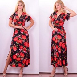 Yırtmaçlı Gül Desenli Midiboy Elbise Yırtmaçlı Gül Desenli Midiboy Elbise